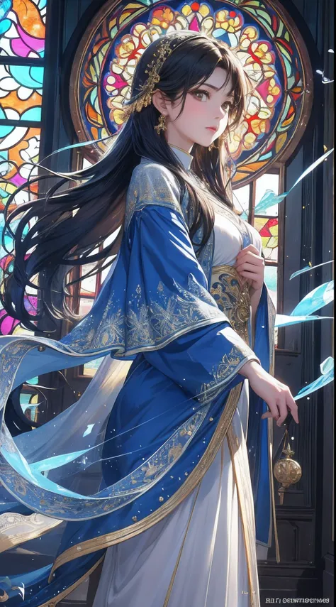 Look straight ahead, (​masterpiece, Top  Quality, Best quality at best, offcial art, Beautiful and aesthetic : 1.2), (1Girl : 1.3), 1girl BREAK stained glass art, Colored glass, Lead Line, Light transmittance brakes Vivid colors, intricate design, Luminous...