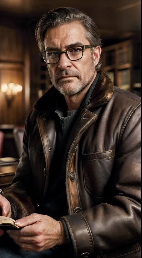 (editorial photograph 9:16 of a working man sitting in his living room in, bearded, calm,confident,look rich,serious doing his reading, 52 years old, brown eyes), (wearing luxury coat, wearing nerd glasses, detailed:1.3), (highly detailed face:1.4), (backg...