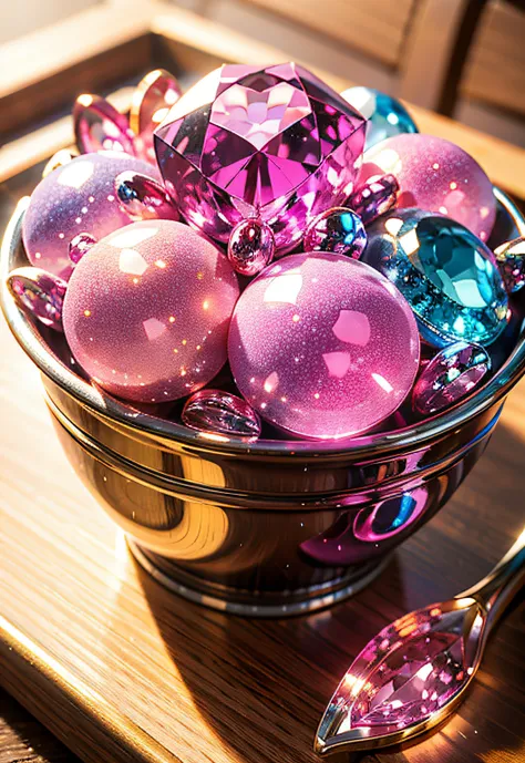 ​masterpiece、top-quality、top-quality、(Close up photo of sparkling pink gemstones in artistic container)、ighly detailed、colourfull、highestdetailed