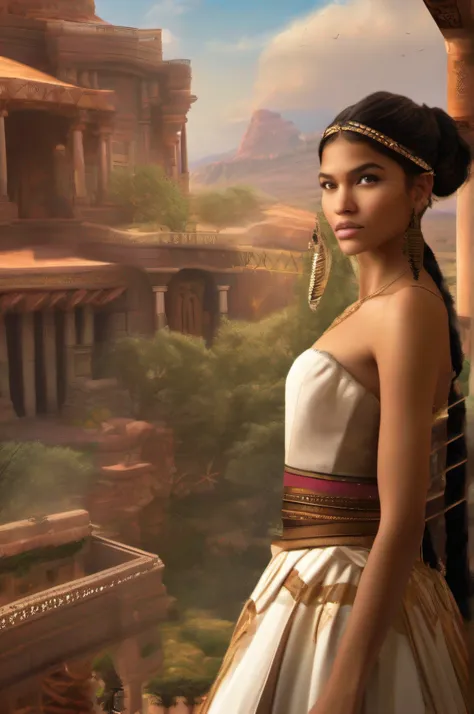 Generate an image depicting the majestic kingdom of The Apache, with towering palaces, bustling markets, and lush landscapes. Show Zendaya, distinguished by her valor and kindness, being chosen as the future queen, while Erenas jealousy begins to brew in t...