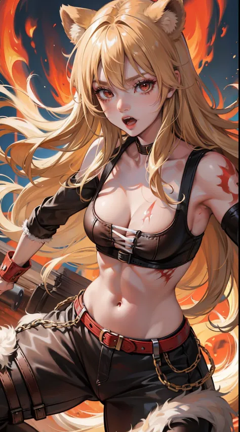 adult girl, longue blonde hair, red eyes, Bear ears, musculature, Scars, open belly, Brown Barbarian Top, Barbarian pants, claws, combat pose, Rage, bear, Masterpiece, hiquality