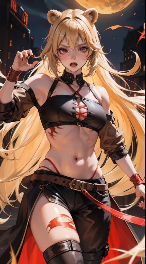 adult girl, longue blonde hair, red eyes, Bear ears, musculature, Scars, open belly, Brown Barbarian Top, Barbarian pants, claws, combat pose, Rage, bear, Masterpiece, hiquality