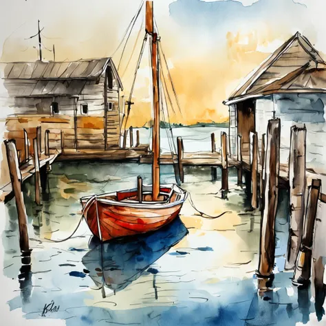 Painting of a boat sitting on a wooden dock, drawn in microsoft paint, sketch of an ocean in ms paint, line-drawing, Small boat, Boat, das boot, some boats, thick line drawing, drawn with photoshop, Rowing Boat, boat in foreground, line-drawing, small boat...