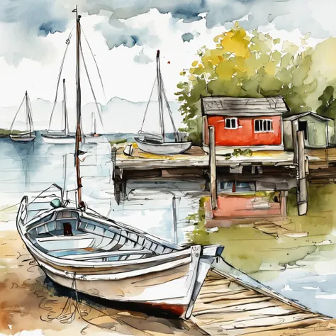 Painting of a boat sitting on a wooden dock, drawn in microsoft paint, sketch of an ocean in ms paint, line-drawing, Small boat, Boat, das boot, some boats, thick line drawing, drawn with photoshop, Rowing Boat, boat in foreground, line-drawing, small boat...