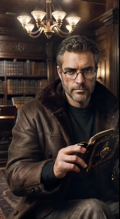 (editorial photograph 9:16 of a working man sitting in his living room in, bearded, calm,confident,look rich,serious doing his reading, 52 years old, brown eyes), (wearing luxury coat, wearing nerd glasses, detailed:1.3), (highly detailed face:1.4), (backg...