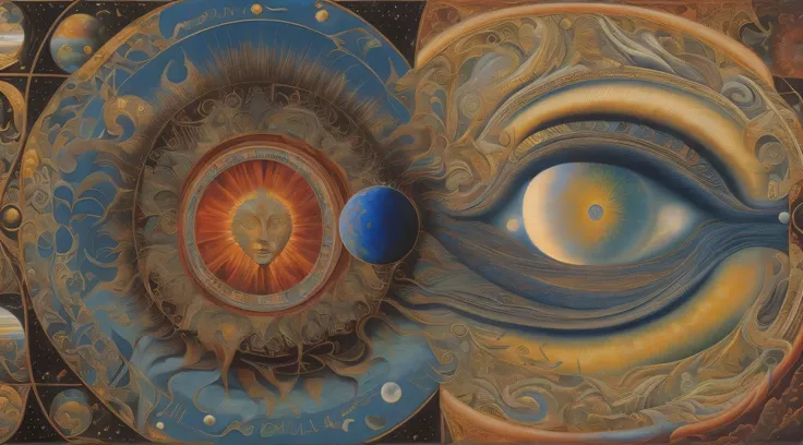 painting of a painting of a sun and moon with a blue ball, alex grey and beksinski, alex grey and gustave dore, alex grey and tim hildebrandt, alex grey and romero ressendi, paul laffoley, by Mati Klarwein, adolf wölfli and donato giancola, by Jan Sawka, b...