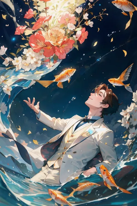 petal,magician,inroom,malefocus,Goldfishes,goldfishues float in the air,night fair,dramatic lighting,fantasy,japanmagical,lighting,hollyhock,flower,boy look up sky,glow,water color,masterpiece,best quality,extremely detailed, high-resolution,realistic,best...