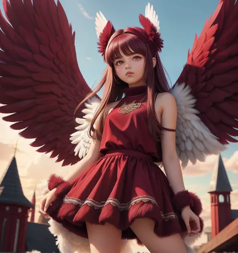 furrystyle maroon teen girl wearing a pair of oversized feathered angel wings