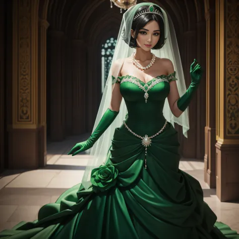 Green Dress Flower Cleanser，Sense of atmosphere, best qualtiy，tmasterpiece，1girll，30-years old，Green dress，Daytime Church，full body Esbian, Green gloves，With short black hair，big breasts beautiful，looking at viewert，ssmile，Green Bridal Veil，Green Long Grov...