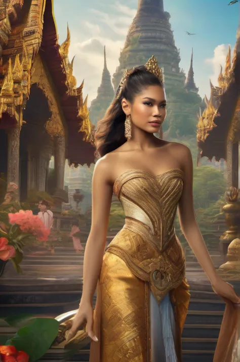 Generate an image depicting the majestic kingdom of Thailand, with towering palaces, bustling markets, and lush landscapes. Show Zendaya, distinguished by her valor and kindness, being chosen as the future queen, while Erenas jealousy begins to brew in the...