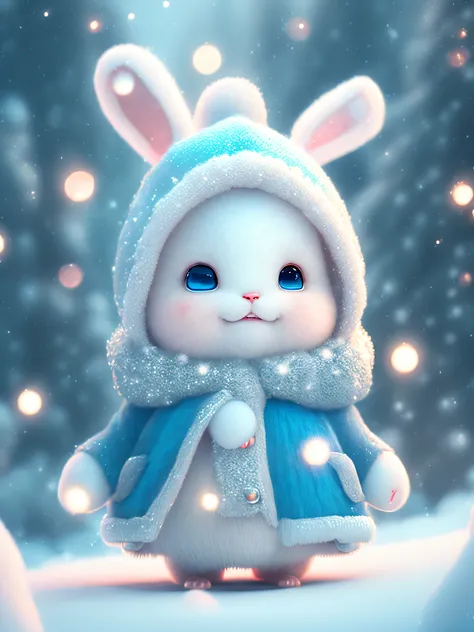 a winter full of regret, drifting snow, a super cute baby pixar style white fairy rabbit, shiny snowwhite fluffy, big bright eyes, fluffy tail, wearing a cyan sweater, wearing cyan a hat, smile,delicate and fine, fairy tales, incredibly high detailed, pixa...