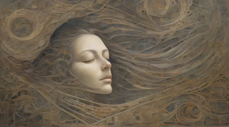 painting of a woman with long hair and a large face, inspired by Peter Gric, by Amanda Sage, dreaming face, by Peter Gric, 3 d goddess portrait, by Cedric Seaut, goddess close-up portrait, by Tomek Setowski, wake initiated lucid dream, inspired by Jan Toor...