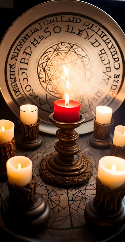 Candles are lit in front of the plate，On the plate is the wheel of life, home wicca scene, casting spells, casting a protection spell, Black magic spells, holy flame spell, spell casting wizard, summoning circle, sorcerous, Sacrificial altar, Displayed on ...