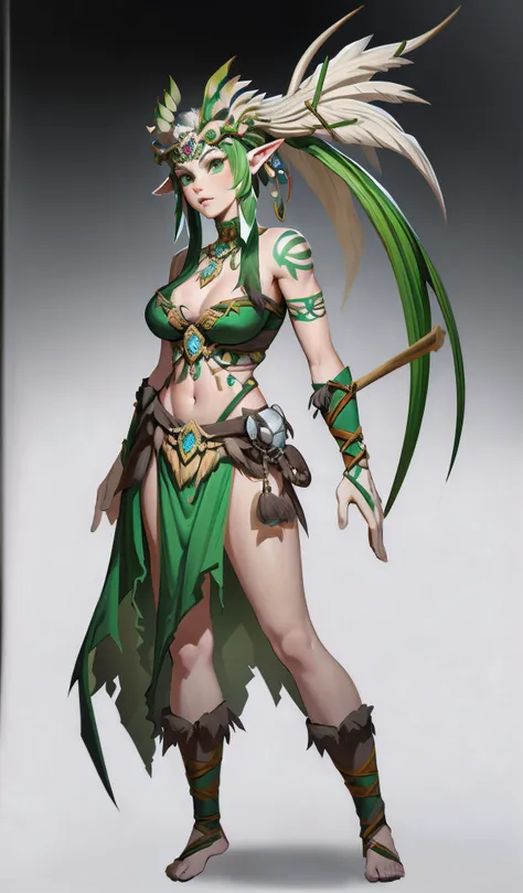1girll、fairy queen、Green Elf costume,((独奏)),full bodyesbian,European and American cartoon design,Primitive tribal elements,standing on your feet,white backgrounid,Magical fantasy design,character concept design,Beautiful face and eyes,tmasterpiece,best qua...