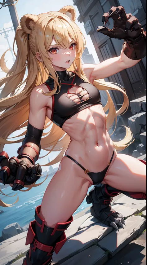 adult girl, longue blonde hair, red eyes, Bear ears, musculature, Scars, open belly, Brown Barbarian Top, Barbarian pants, claws, combat pose, Rage, bear, Masterpiece, hiquality