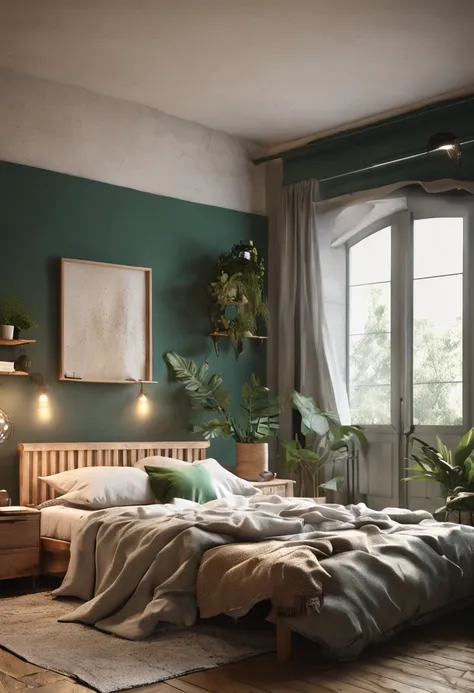 Simple bedroom，Different shooting angles for the same living room，Cosy cottage，Simple with a touch of wood，k hd，Off-white main color，A little greenery