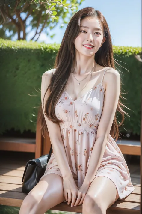 (top-quality、in 8K、​masterpiece、nffsw:1.2)、simple background、A Japanese Lady、in her 20s、Elegant look、Slender figure、ssmile、Brown hair color、Longhaire、simple background、Sitting on a bench、a necklace、Floral dress、Less exposed skin、sandal、Both legs have heels...