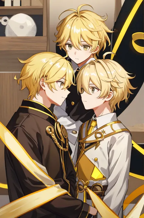 1boy, blonde hair, ahoge, hair between eye, yellow hair, braid,headsets，pondering，look at each other，full bodyesbian