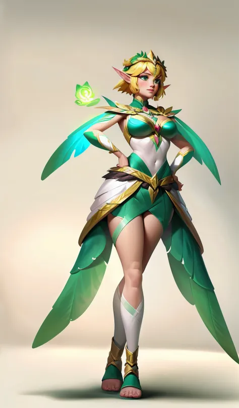 1girll、fairy queen、Green Elf costume，((独奏))，full bodyesbian，European and American cartoon design，Primitive tribal elements，standing on your feet，white backgrounid，Magical fantasy design，character concept design，tmasterpiece，best qualtiy，Best resolution，hig...