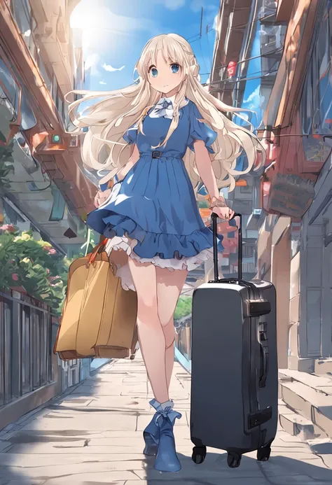 Huge girls，Anime girl with long hair and blue dress holding suitcase, seductive anime girls, Splash art anime Loli, anime visual of a cute girl, small curvaceous loli, anime best girl, Edgeie anime style, Smooth anime CG art, hanayamata, (Anime girl), Mari...