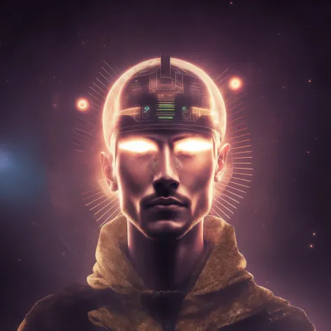 The image of a man with a halo on his head, symmetrical portrait scifi, style hybrid mix of beeple, detailed glowing head, in the style of beeple, A glowing halo overhead, darksynth character portrait, cinematic beeple, beeple |, beeple style, beeple maste...