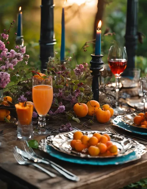 A dining table in the woods has:
1 wooden dining table
Very nice weather, On the table there is
1 glass of apricot wine
several ripe apricots
1 sprig of wildflowers
A few simple plates of food