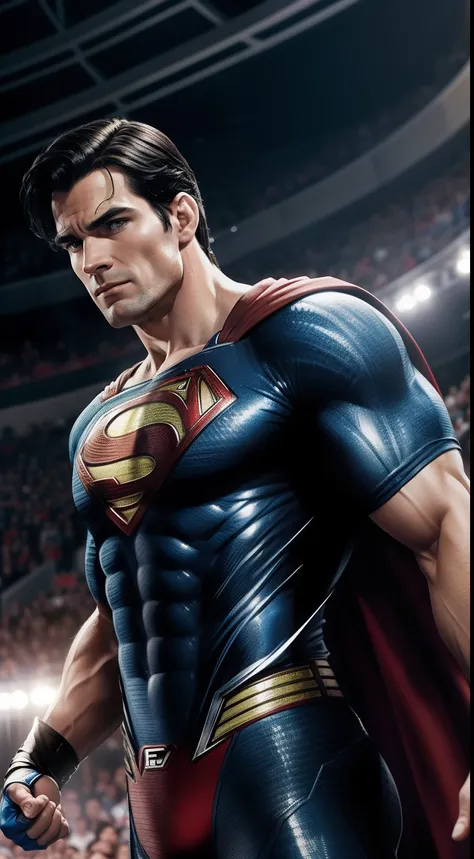 "Superman, the Man of Steel, engaged in a fierce UFC battle against a formidable opponent. The octagon is surrounded by cheering fans, with stadium lights illuminating the arena. Superman is shown mid-flight, delivering a powerful punch that creates shockw...