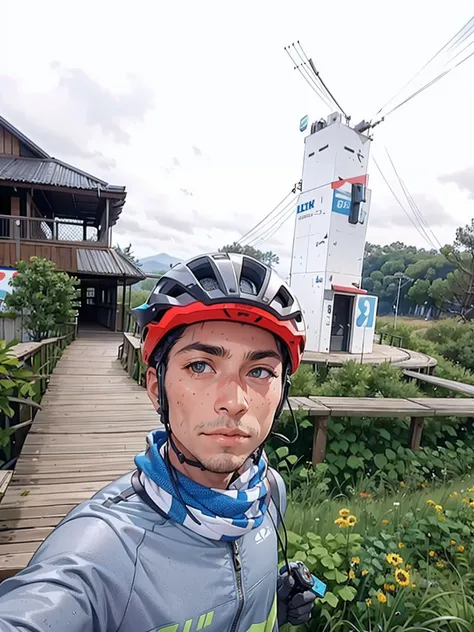 arafed man in a helmet and a scarf standing on a boardwalk, taken on go pro hero8, shot on gopro9, cycling!!, taken with sony alpha 9, shot on iphone 1 3 pro max, 8k selfie photograph, without helmet, captured on iphone, pov photo, wearing helmet, shot wit...