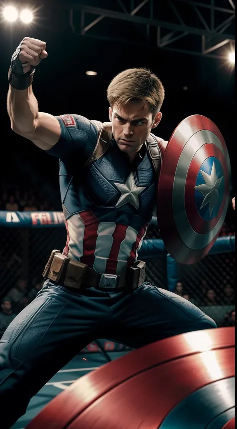 "Captain America in a UFC cage match, demonstrating his unmatched combat skills. The octagon is lit by spotlights, and the audience is on their feet. Captain America is captured mid-action, throwing his shield with precision and strength. The prompt requir...