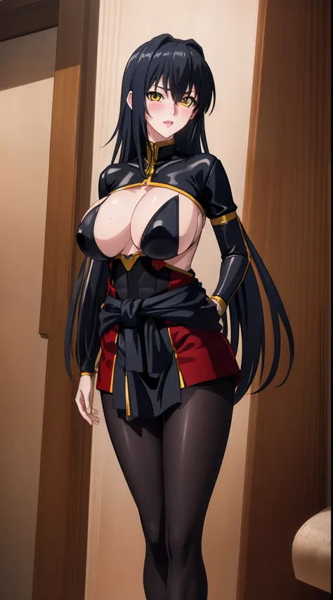 professional artwork, Intricate Details, sharp focus, detailed painting, photorealistic lighting, trending on pixiv, Standing at attention, ((black outfit ,yellow collared shirt,black and red bodysuit,skin_tight,black legwear, black pantyhose, Side_boob)),...