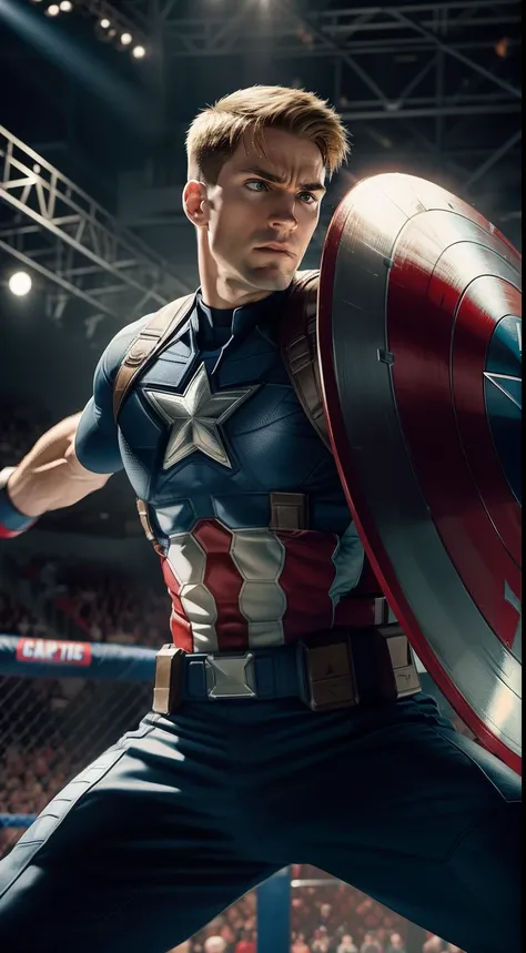 "Captain America in a UFC cage match, demonstrating his unmatched combat skills. The octagon is lit by spotlights, and the audience is on their feet. Captain America is captured mid-action, throwing his shield with precision and strength. The prompt requir...