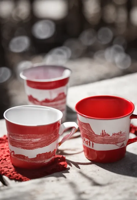 two cups of water, white cup with "GOLDEN HOUR" printed in red, red cup with "Health" printed in white, side by side, realistic, white background