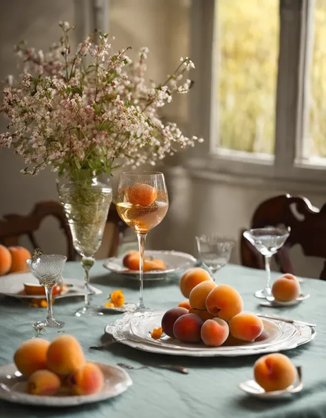 on the dining table
1 glass of apricot wine
some ripe apricots
1 branch of wildflowers
a few plates of simple food