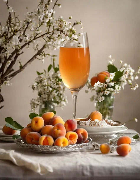 on the dining table
1 glass of apricot wine
some ripe apricots
1 branch of wildflowers
a few plates of simple food