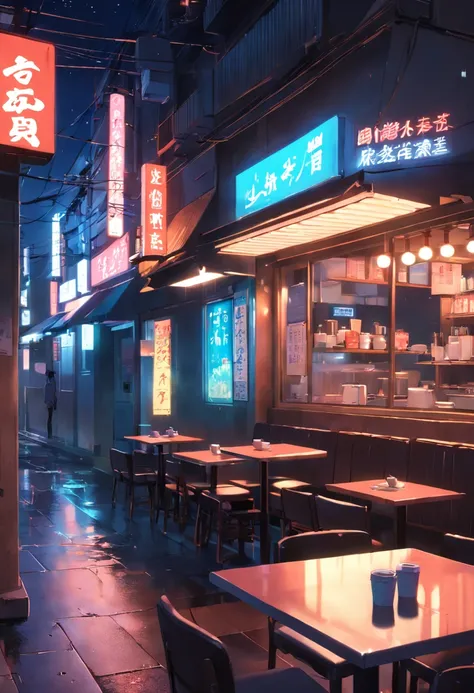 cena noturna de um restaurante com placas de neon e uma placa de neon, arte de fundo do anime, cozy cafe background, coffee shop, tokyo anime scene, coffee shop, Night coffee, Elogio Artstyle, cena de anime, fundo colorido do filme anime, Estilo anime 3D r...