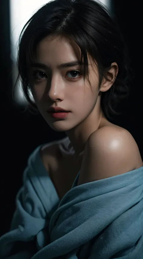 Best quality, masterpiece, ultra high res, (photorealistic:1.5), raw photo, 1girl, offshoulder, in the dark, deep shadow, low key, cold light, sexy look, short hair