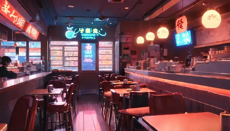 cena noturna de um restaurante com placas de neon e uma placa de neon, arte de fundo do anime, cozy cafe background, coffee shop, tokyo anime scene, coffee shop, Night coffee, Elogio Artstyle, cena de anime, fundo colorido do filme anime, Estilo anime 3D r...