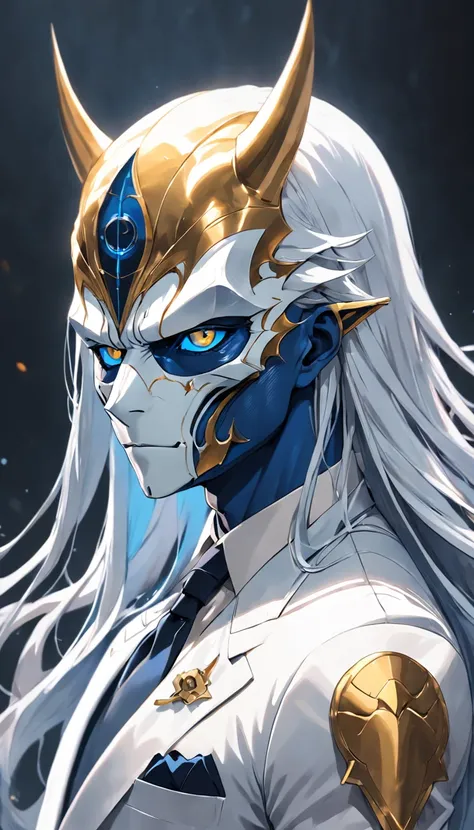 A man with long blue hair in a white darkwave-style suit with silver details and a golden devil mask,Estilo Darkwave,retrato de medio cuerpo,centrado