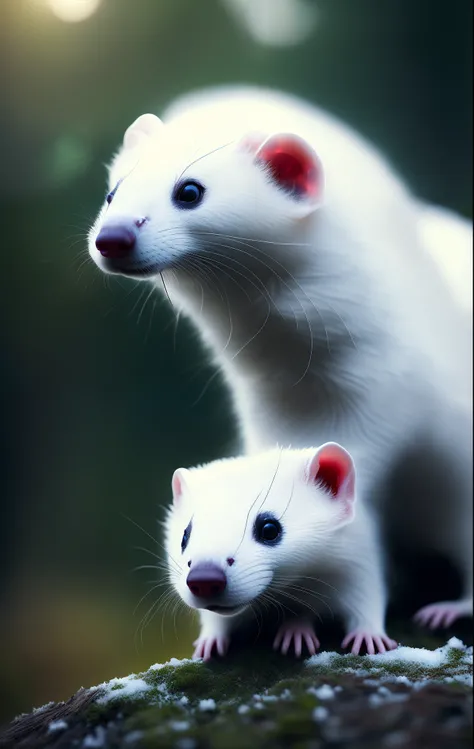 A white ferret lies on the snow，Ferrets wear small red hats on their heads，There is a tree next to the ferret，The trees are covered with snowflakes，Its snowing， RAW photo, (8K、top-quality、tmasterpiece:1.2)、(intricately details:1.4)、(Photorealsitic:1.4)、Com...