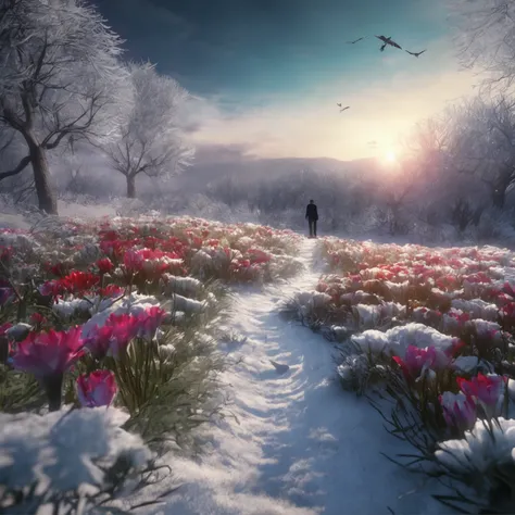 Best quality, Masterpiece, a male nourishing the flower garden in the snow land, only one daisy survived in the harsh winter, high resolution, (photograph realistic:1.4), surrealism, Dream-like,fusionart, Shadowdancer, shadow magic, darkness control, steal...