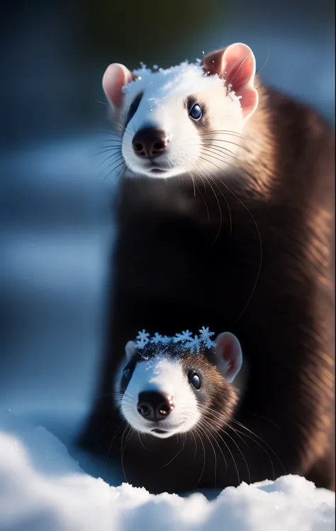 A white ferret lies on the snow，Ferrets wear small red hats on their heads，There is a tree next to the ferret，The trees are covered with snowflakes，Its snowing， RAW photo, (8K、top-quality、tmasterpiece:1.2)、(intricately details:1.4)、(Photorealsitic:1.4)、Com...