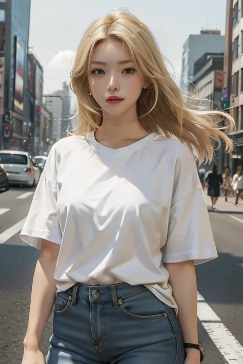 (​masterpiece、top-quality、top-quality、raw、A hyper-realistic)、Urban cityscape、Shibuya cityscape、(((Beautiful foreign woman with clean blonde hair high nose)))、(((Please wear a plain white T-shirt all over your body.)))、((whole body visible))、(standing strai...