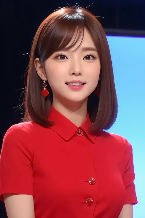 A cute korean girl presenter delegent office suite, realistic, face detail, clear background, looking at the viewer directly,  style presentation, red clothes