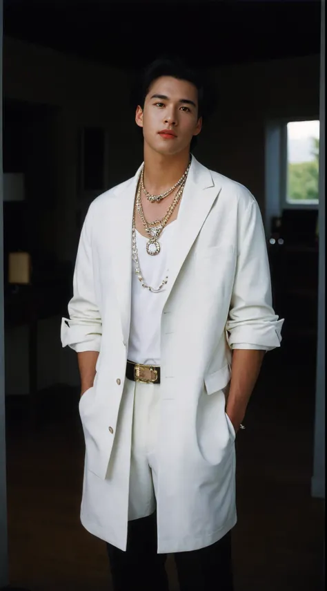 man, 90s, retro, sunny daylight, natural light, white jacket, jewelry, rich house setting, (oldmoney aesthetic:1.1), fashion editorial, film grain, cinematic shot, 1990s magazine, 
80mm f/11 on kodak ektachrome e100, soft focus, film grain, muted colors,