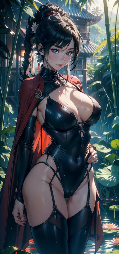 1female，熟妇，Huge breasts ，独奏，（Background with：bamboo forrest，lotuses，lotus flower，exteriors，Lotus pond） She has short black hair，standing on your feet，Sweat profusely，drenched all over the body，seen from the front， hair straight， mostly cloudy sky，（（（tmaste...