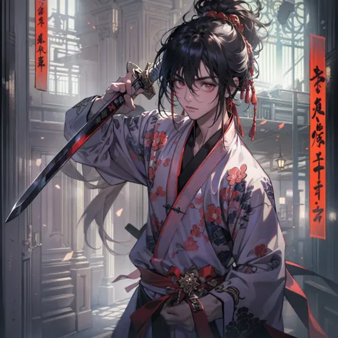 独奏、(Handsome boy:1.4)、(Holding the sword:1.2)、(Confident Face:1.2)、10yaers old、Very long ponytail with black hair、Red Eyes、Toned body、Muscular boy、traditional Chinese clothing、(Plum emblem on the chest of clothes)、(A dark-haired)、(Top image quality)、(8K pi...