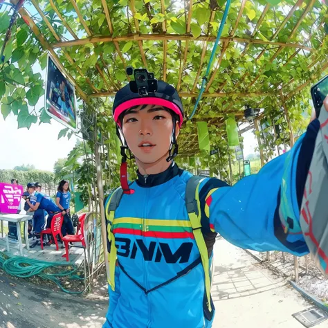 there is a man that is taking a selfie with her cell phone, shot on gopro9, taken on go pro hero8, go pro, cycling!!, 3 6 0 capture, 👰 🏇 ❌ 🍃, dang my linh, gopro shot, frontshot, fromme seele, nivanh chanthara, gopro photo, wining, profile pic