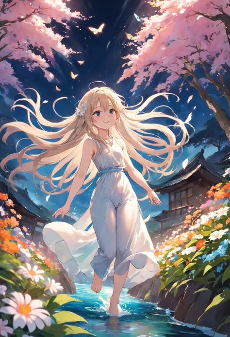 /imagine prompt:  In a peaceful sea of flowers, a girl with long hair was wearing a bright white basketball suit, and she was walking backwards. Her long hair hung down like a waterfall, unable to withstand the weak wind, and gently fluttered. Her smile is...