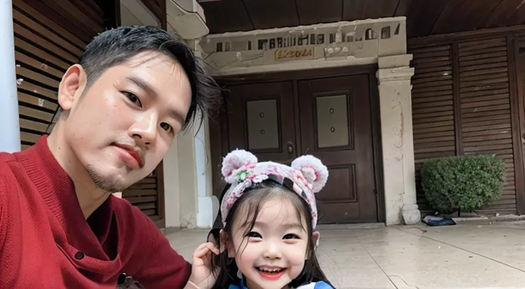 there is a man and a little girl posing for a picture, dang my linh, with a kid, hoang long ly, in front of the house, 4 0 years old man, dao trong le, 38 years old, dzung phung dinh, 3 6 years old, 3 2 years old, nivanh chanthara