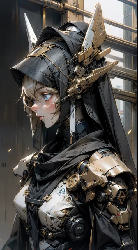 Elegant Girl, One Mecha Girl, Half Body Portrait, Humanoid Nun Mecha, Dark, Si-Fi, post apocalype, Sky Blue Eyes, Nun style Mecha, Extreme Detailed, Realistic, Black and Gold